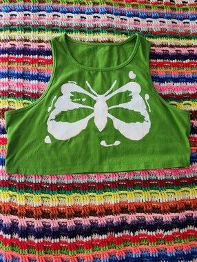 Dolls Kill Green Crop Tank with White Butterfly Graphic